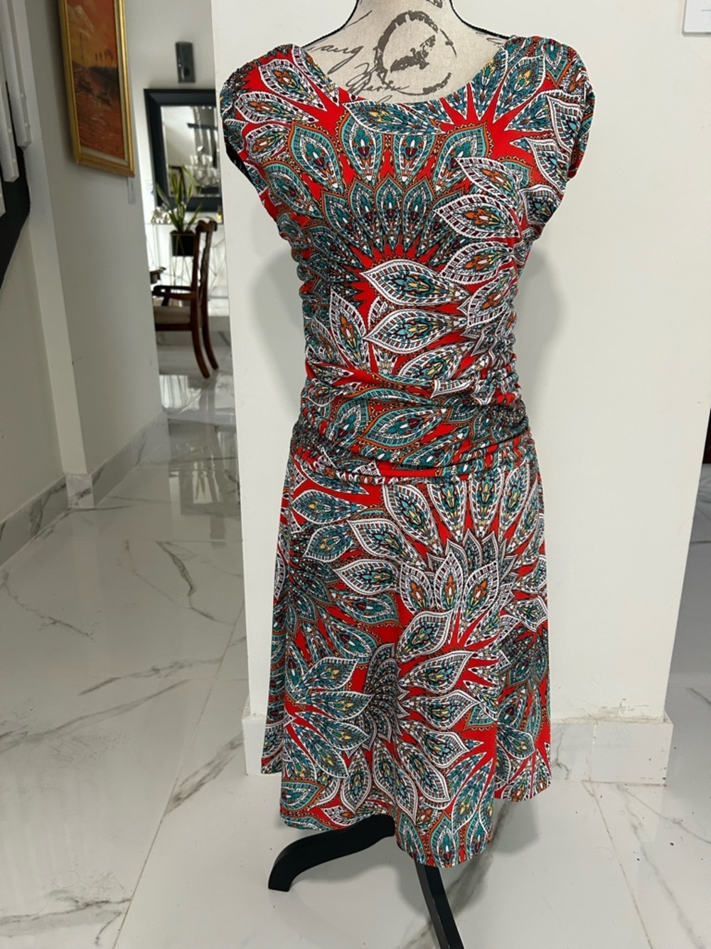 Enfocus Studio Red Orange Blue Paisley-Style Midi Dress with Teal Accents